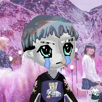 A digital artwork/edit featuring a chibi-style anime character with large green tearful eyes and a cigarette, wearing a black shirt with a "GNF" logo, set against a pink/purple textured background with other figures.