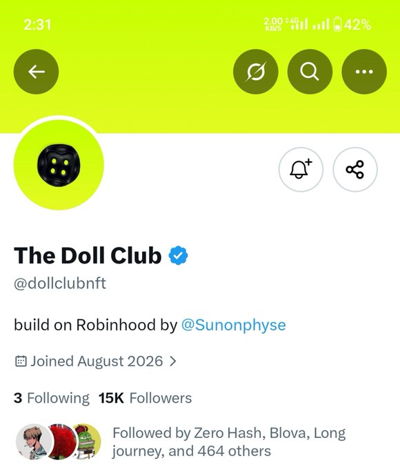 A social media profile screenshot shows 'The Doll Club' (@dollclubnft) with a verified badge, noting it was 'build on Robinhood by @Sunonphyse' and has 15K Followers.