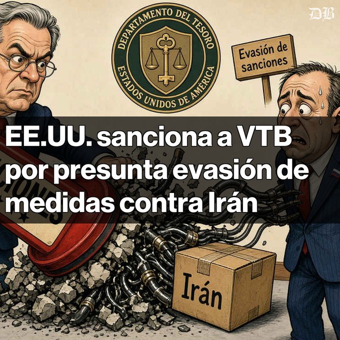 A political cartoon showing the US Treasury Department seal, a furious official wielding a giant wrench labeled 'Dollar' to crush a box labeled 'Irán', and a sweating man next to a sign reading 'Evasión de Sanciones'; text reads 'EE.UU. sanciona a VTB por presunta evasión de medidas contra Irán'.