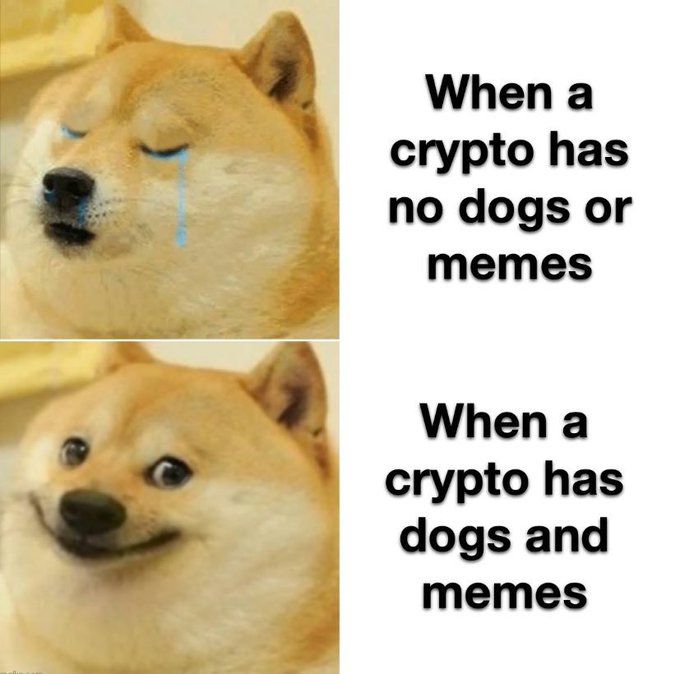 A two-panel meme featuring the 'crying/crying-then-smiling' Doge Shiba Inu, with text reading 'When a crypto has no dogs or memes' (sad dog) and 'When a crypto has dogs and memes' (happy dog).