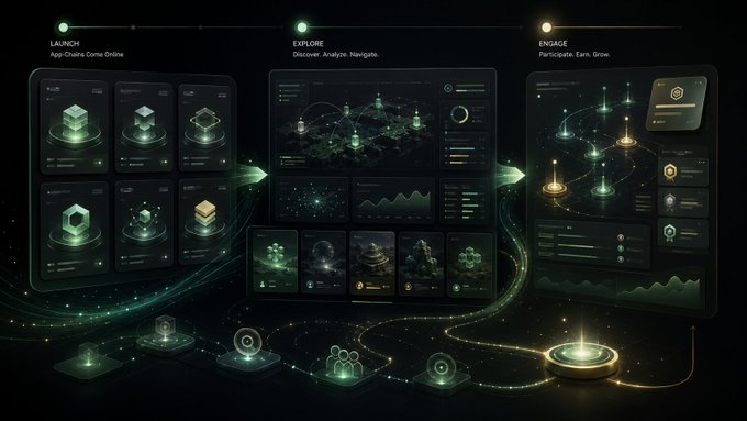A futuristic digital dashboard interface showing three sections labeled 'LAUNCH: App-Chains Come Online', 'EXPLORE: Discover. Analyze. Navigate.', and 'ENGAGE: Participate. Earn. Grow.' with glowing green and gold data visualizations.