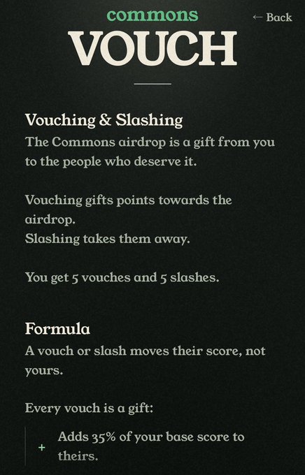 A black informational screen titled 'commons VOUCH' explaining the 'Vouching & Slashing' airdrop system, noting users get 5 vouches and 5 slashes, and that a vouch adds 35% of your base score to theirs.