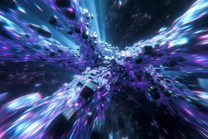 An abstract digital explosion featuring purple and blue cubic fragments bursting outward with light streaks against a dark background.