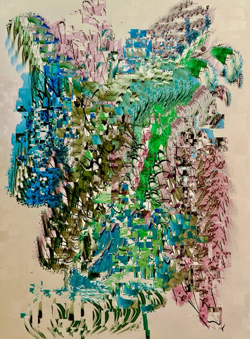 An abstract mixed-media painting with chaotic strokes and collage elements in green, blue, pink, and beige tones.