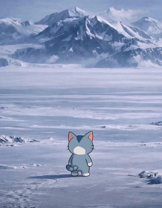 An animated gray and white cat stands in a vast snowy landscape with snow-capped mountains in the distance.
