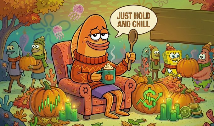 A cartoon illustration shows an orange fish-like character sitting in a chair holding a spoon and a steaming mug, with a speech bubble reading "JUST HOLD AND CHILL", surrounded by pumpkins and other characters in an autumn setting.
