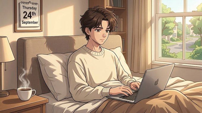 An anime-style illustration shows a brown-haired young man working on a laptop while sitting in bed, with a calendar on the wall indicating "Thursday, 24th September."