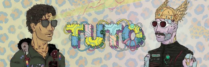 Illustrated artwork featuring two stylized characters facing each other with colorful graffiti-style text between them on a leopard print background.