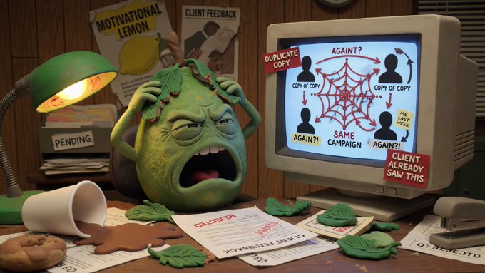 A 3D illustration of a distressed anthropomorphic lemon character sitting at a desk, surrounded by rejection notices, while looking at a computer screen displaying a complex, repetitive web of client feedback.