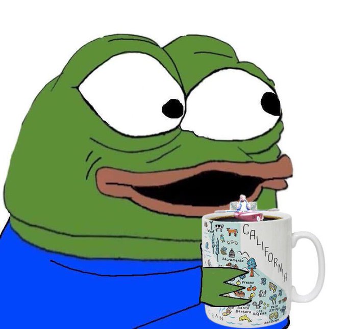 A cartoon frog (Pepe) with wide eyes holds a white mug covered in colorful illustrations and the word 'CALIFORNIA', which contains a small sailing ship in dark liquid.