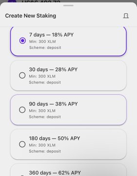 A mobile app interface titled "Create New Stacking" showing stacking options with APY rates: "7 days – 18% APY", "30 days – 28% APY", "90 days – 38% APY", "180 days – 50% APY", and "360 days – 62% APY", all requiring a minimum of "300 XLM" via the "deposit" scheme.
