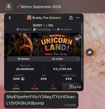 A screenshot of a DEX Screener-style tracker page showing the "BUDDY / SOL" token "Buddy The Unicorn" on Solana via Pumpswap, with a current price of $0.00005401 and market cap listed as $20K, which appears to contradict the post's claim of a 50K entry and 700K peak on the $BUDDY meme coin.