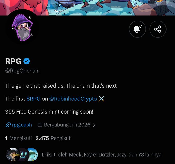A social media profile for 'RPG' (@RpgOnchain) with a verified checkmark, describing itself as 'The first $RPG on @RobinhoodCrypto' and promoting '355 Free Genesis mint coming soon!' with 2,475 followers.