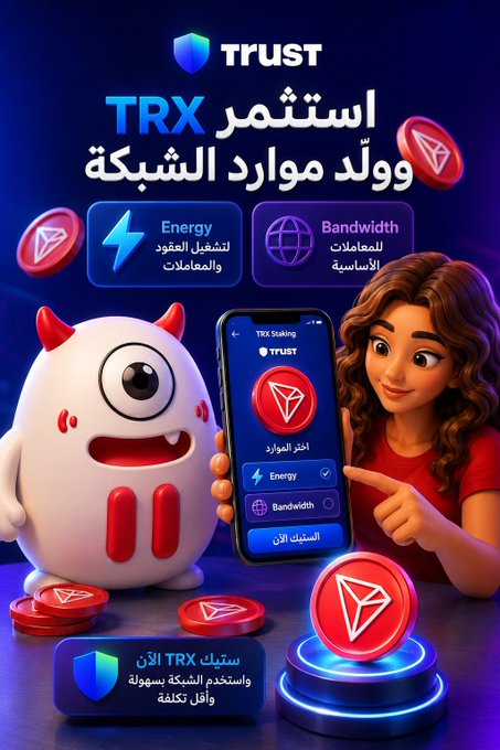 A vibrant promotional graphic for "TRUST" featuring a cartoon devil mascot, a young woman holding a smartphone displaying "TRX Staking" options for Energy and Bandwidth, and the Arabic text "استثمر TRX وولّد موارد الشبكة" (Invest TRX and generate network resources), with a bottom banner reading "ستبلى TRX الآن واستخدم الشبكة بسهولة وأقل تكلفة" (Stake TRX now and use the network easily and at lower cost). The image visually reinforces the post's message by illustrating how staking TRX provides Energy and Bandwidth resources that reduce network usage costs.