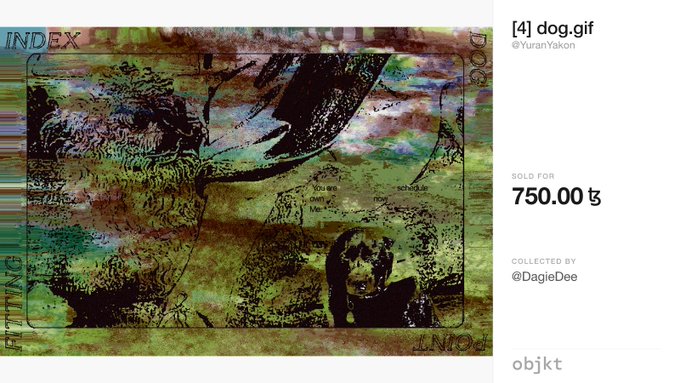 A digital art NFT listing on objkt titled '[4] dog.gif' by @YuranYakon, sold for 750 ꜩ and collected by @DagieDee, showing a glitchy, textured abstract image of a dog.