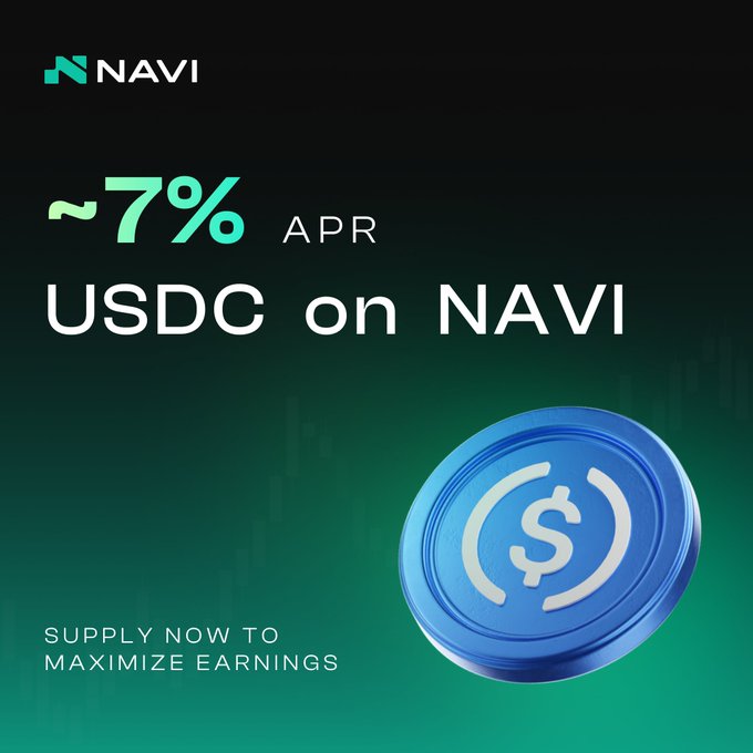 In the image, there is a blue coin that has a dollar sign on top of it, sitting against a black background. Below the coin, there are white text elements written, providing information about how to maximize your USDC earnings with the current exchange rate. The text says "USDC now earning ~7% on NAVI". This implies that one should consider maximizing their USDC earnings while exchanging currency, as it is currently worth 7% of the value being sent, or approximately 0.71 USDC for every 1 token transferred.