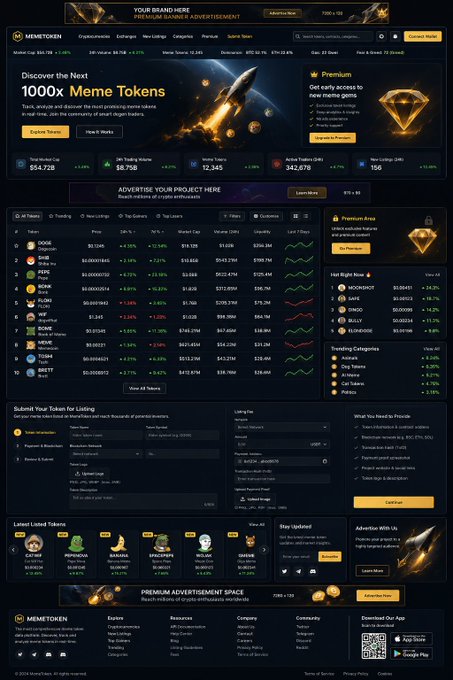 A screenshot of the MEMETOKEN website, advertising '1000x Meme Tokens' and showing lists of trending cryptocurrencies like DOGE, SHIB, and PEPE along with their market caps and prices.