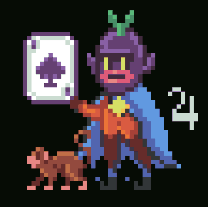 A pixel art illustration of a purple-skinned character with a green sprout on its head, wearing a blue cape and holding a card with a spade symbol, accompanied by a small brown four-legged animal.