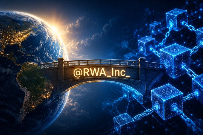 A digital artwork depicting a bridge connecting Earth with a blockchain on one side, featuring the text '@RWA_Inc_' displayed on the bridge.