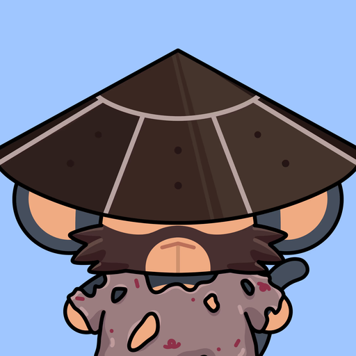 A cartoon illustration of a bear-like character wearing a large conical Asian straw hat, holding and eating a chocolate-frosted donut with sprinkles against a light blue background.