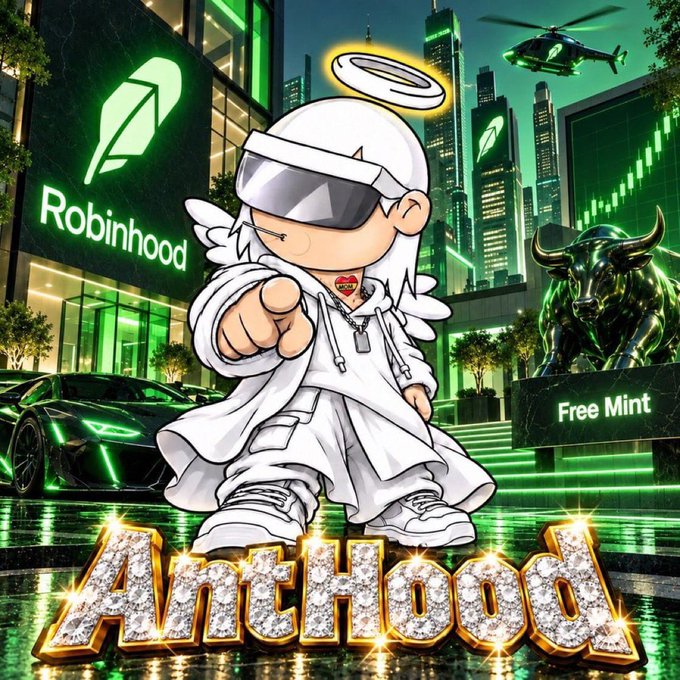 A digital illustration featuring a cartoon character dressed in white with a visor and halo in front of a 'Robinhood' building and a 'Free Mint' bull statue, with the word 'ArchHood' in diamond text.