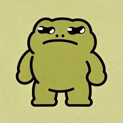 A cartoon illustration of an olive-green, grumpy-looking frog or monster character with thick eyebrows and a frown, set against a matching background.