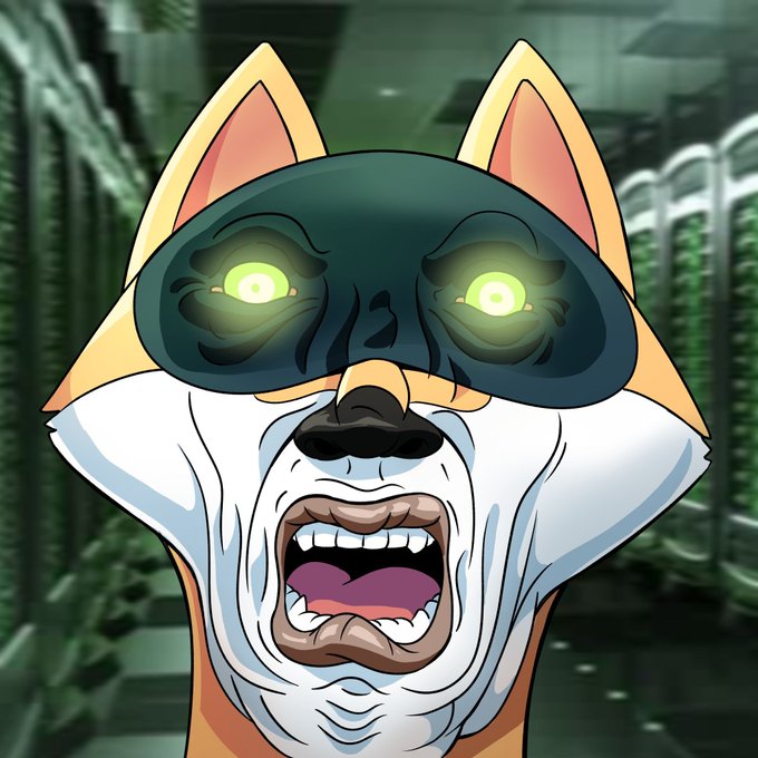 A cartoon fox's face is tightly squeezed into a grimacing, open-mouthed expression with glowing green eyes visible through a black mask, set against a blurred industrial background.