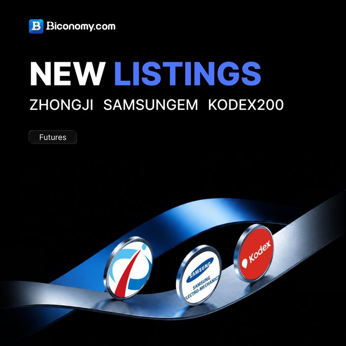 A promotional banner from Biconomy.com announcing new futures listings for 'ZHONGJI', 'SAMSUNGEM', and 'KODEX200', featuring the logos of Zhongji, Samsung Electro-Mechanics, and Kodex.