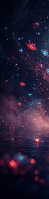An artistic digital illustration shows glowing red and blue jellyfish-like creatures floating above a reflective water surface against a starry night sky.