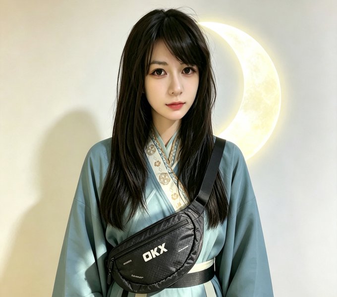 A young woman with long dark hair wears a teal traditional outfit paired with a black fanny pack labeled 'OKX', posing in front of a glowing crescent moon.
