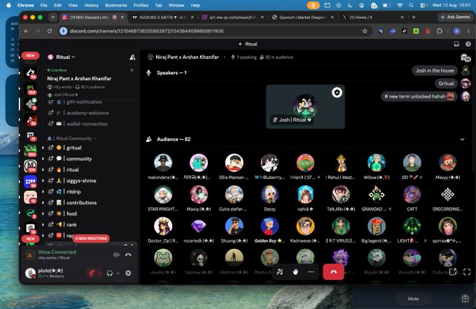 A screenshot of a Discord server called "iRitual" showing the "Ninja Pant x Arshan Khanfir" voice channel with 82 members in the audience.