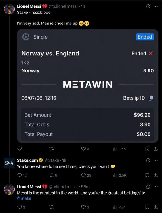 A screenshot of a Twitter exchange between Lionel Messi (@tclionelmessi) and Stake.com (@nazzzblood), showing Messi's sad reaction to a lost $96.20 bet on Norway vs. England (1x2 odds of 3.90) with a $0.00 payout, and Stake.com's playful response.