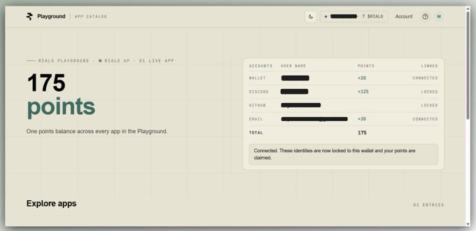 A screenshot of the Rialo Playground dashboard showing a user with 175 total points, broken down across connected accounts: Ballet (+20, connected), Discord (+125, locked), Github (+0, locked), and Email (+30, connected). The image illustrates the user's claim of receiving 175 retroactive points from RialoHQ for being a new user and existing builder/contributor.