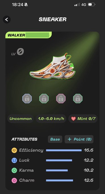 A mobile app screen showing a 'Walker' sneaker NFT/game item with rarity 'Uncommon', level indicator, mint count (0/7), and attributes including Efficiency 16.6, Luck 12.2, Karma 10.2, and Charm 12.6.