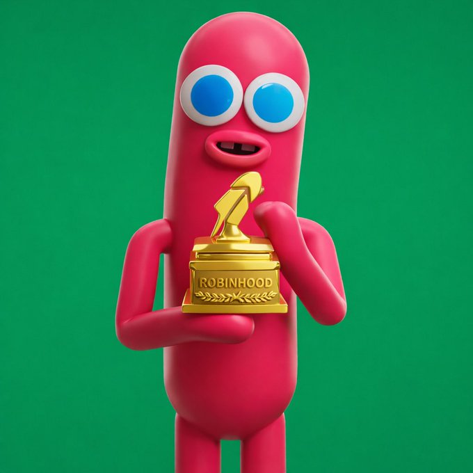 A pink cartoon character with large blue eyes holds a golden trophy with the word 'ROBINHOOD' engraved on it against a green background.