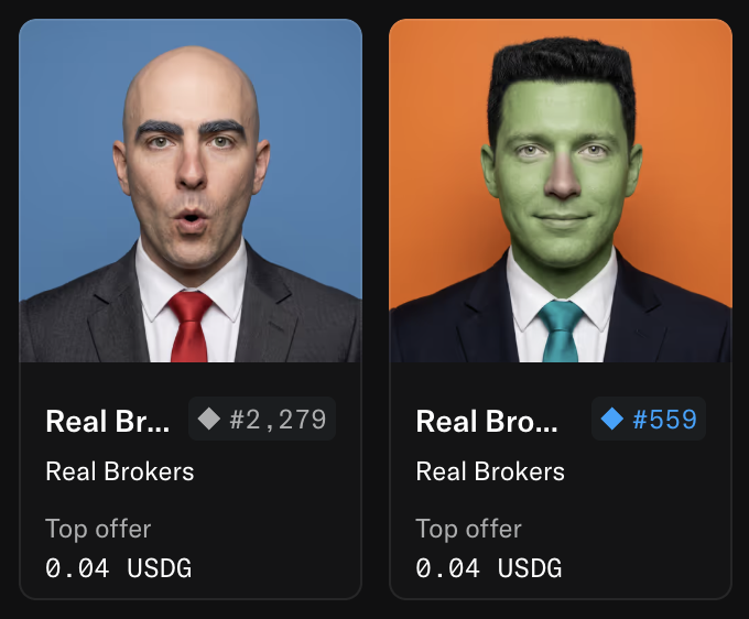 Two NFT-style profile cards from 'Real Brokers' show distorted portrait images - one of a man with red tie and red color treatment (#2,279) and another with green color treatment (#559), both showing 'Top offer 0.04 USDG'.