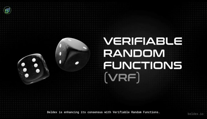 Promotional graphic featuring two black dice with the text "VERIFIABLE RANDOM FUNCTIONS (VRF)" and "Beldex is enhancing its consensus with Verifiable Random Functions."