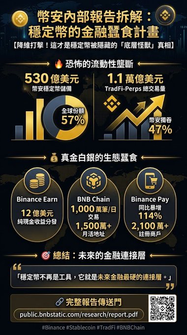 A Chinese-language infographic titled '幣安內部報告拆解:穩定幣的金融蠻食計畫' highlighting Binance-related stats including $53 billion in stablecoins and 1.1 trillion in TradFi-Perps volume.