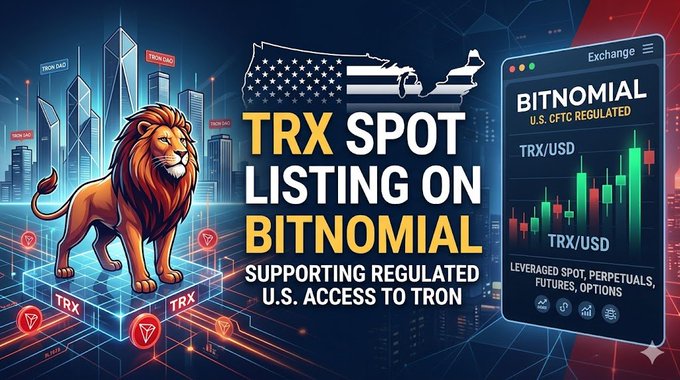 The image features a cartoon lion standing next to a city skyline with buildings of various sizes. The text "TRX Spotting On Bittornial" is written above the lion's head, while "supporting regulated trading" is below the lion. The background includes a map and a cell phone displaying information about Bitomian.