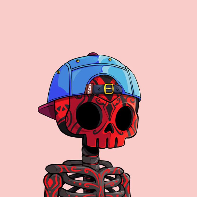 A digital illustration of a red skeleton wearing a blue baseball cap backward, featuring decorative patterns on the skull and ribcage against a plain pink background.