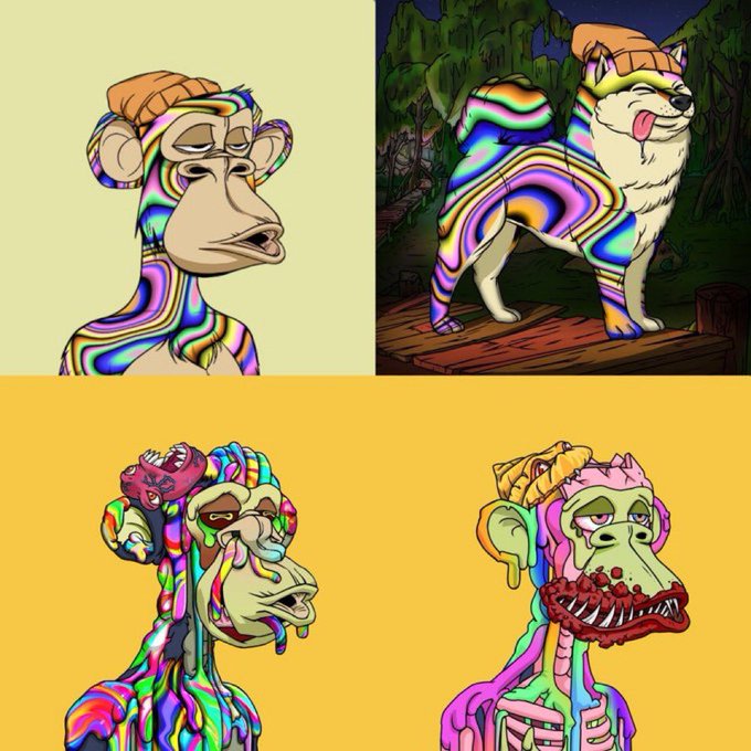 The image features four cartoon animal characters, each with a unique appearance and pose. The animals include a monkey, a dog, a cat, and a gorilla. They are all depicted in different poses, giving viewers an impression of them being "fucked" or "abused". The background color is yellow, which contrasts with the colorful and vibrant nature of the animal characters.

The post includes text that reads: "I guess we are all fucked. Im still holding tho. I dont sell grails Happy Fullset Friday @BoredApeYC". This message seems to be a commentary on the current state or situation, possibly related to the cartoon animals' appearances and poses.