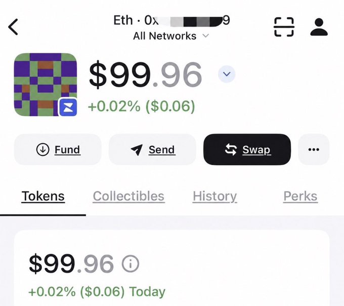 A screenshot of a cryptocurrency wallet app showing an Ethereum (Eth) address with a balance of $99.96 (+0.02% / $0.06), featuring buttons for Fund, Send, and Swap.
