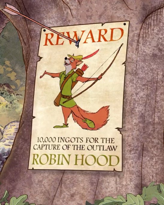 An animated 'REWARD' poster pinned to a tree depicts Robin Hood as a fox character with a bow, offering '10,000 INGOTS FOR THE CAPTURE OF THE OUTLAW ROBIN HOOD.'