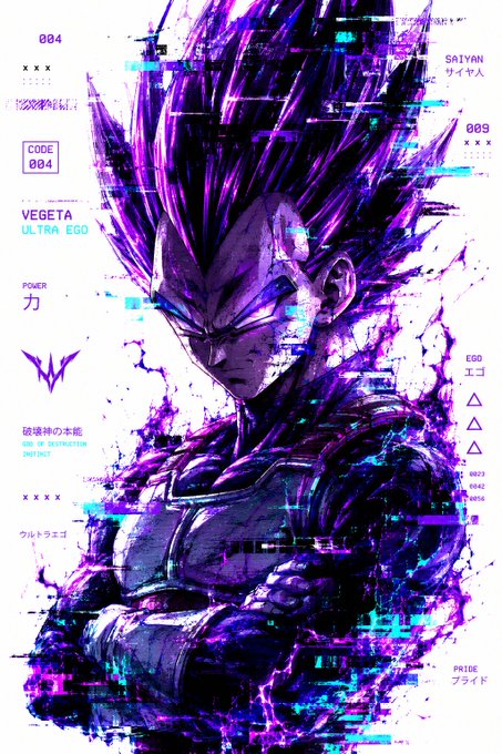 Digital anime artwork depicting Vegeta in Ultra Ego form with spiky purple hair and a dark armored outfit, overlaid with Japanese text, stats, and labels including 'CODE 004', 'SAIYAN', and 'PRIDE'.
