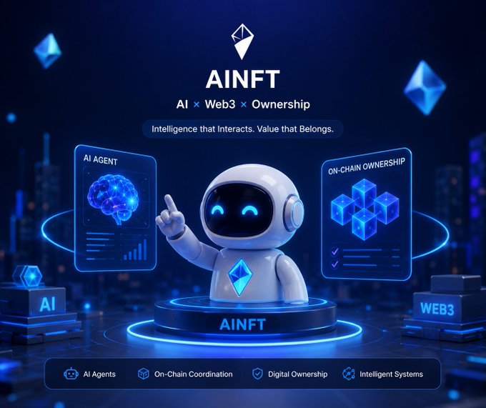 The image features a robot wearing a white suit, standing on a platform with blue lights surrounding it. The background of the image displays various elements related to artificial intelligence (AI) and blockchain technology. The text "AINFT" is also present in the image.