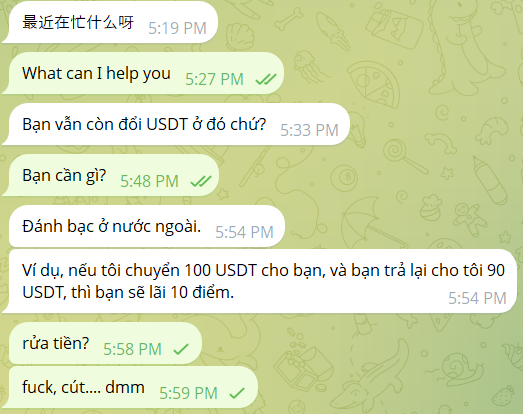 A Telegram chat conversation in Vietnamese discussing USDT gambling abroad and money laundering, with timestamps ranging from 5:19 PM to 5:59 PM.