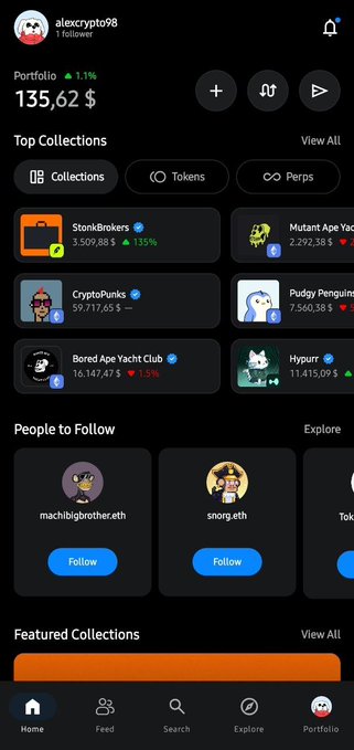 A screenshot of an NFT portfolio interface for user 'alexcrypto98' showing a portfolio value of 135.62 $ (up 1.1%), with top collections including StonBrokers, CryptoPunks, Mutant Ape Yac... and Pudgy Penguin.
