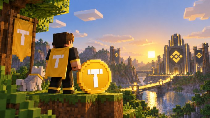 A Minecraft-style scene featuring a blocky character with a dog, wearing a yellow "T" outfit and holding a "T" coin, overlooking a castle and river at sunset.