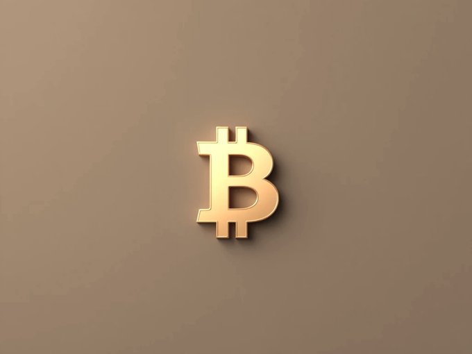 A gold Bitcoin (₿) symbol displayed on a tan/beige background.