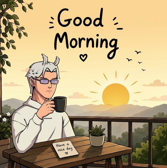 A 'Good Morning' anime-style illustration by GMONAD showing a white-haired character with horns drinking coffee at a wooden table on a balcony overlooking a sunrise landscape, with a 'Have a nice day' note.